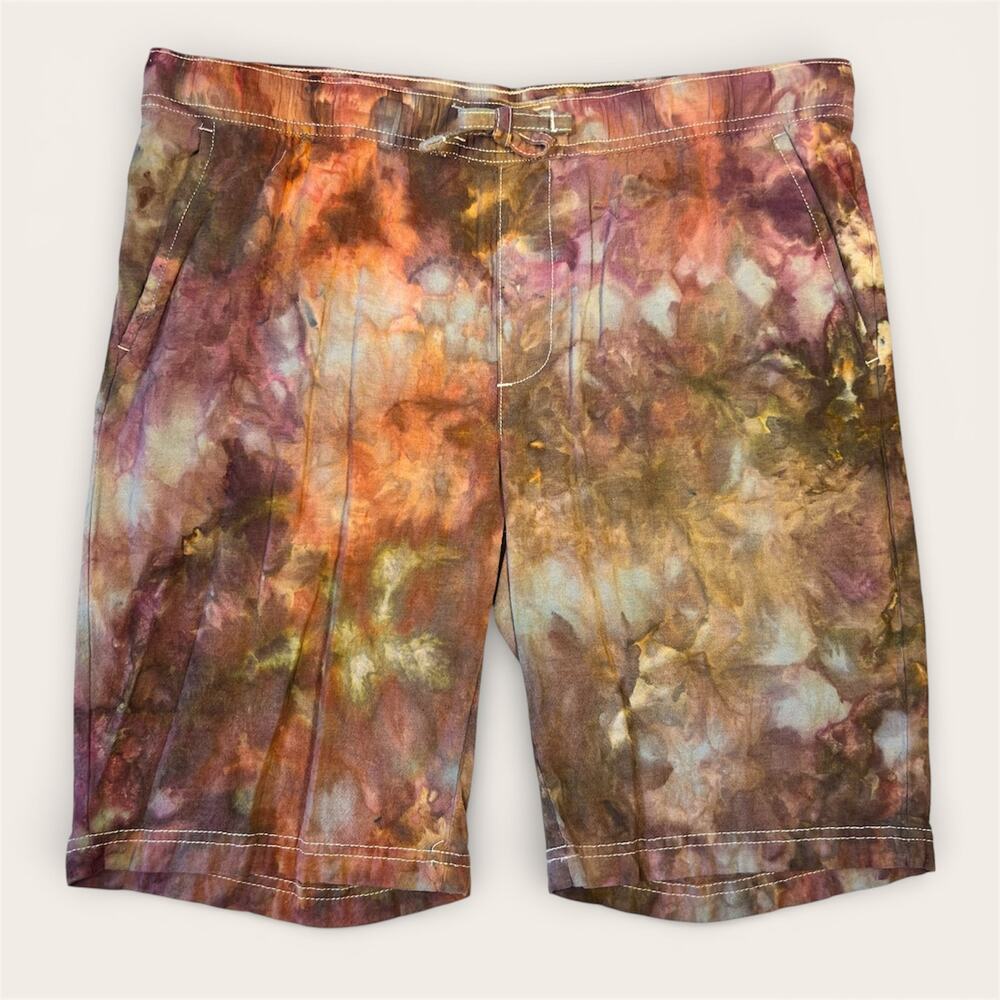 SOLD Custom Tie Dye Men's Shorts 34 Linen Pink Purple Brown Ice Dye Festival